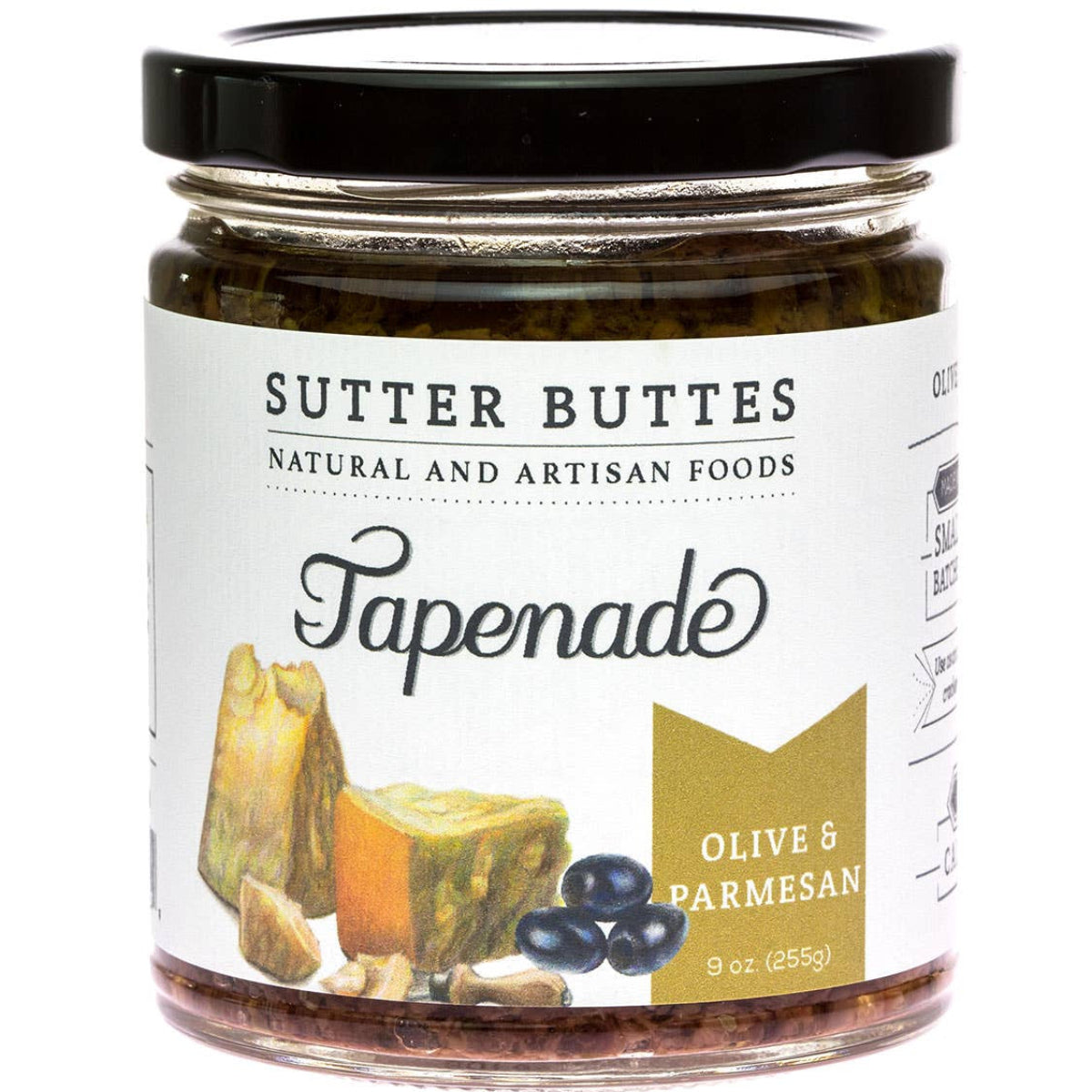 Jar of Sutter Buttes Tapenade with olive and Parmesan flavor on a white background