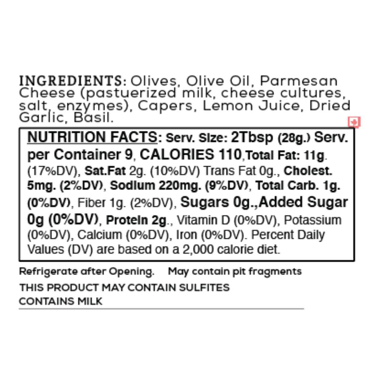 Nutrition facts label for a food product with ingredients listed.
