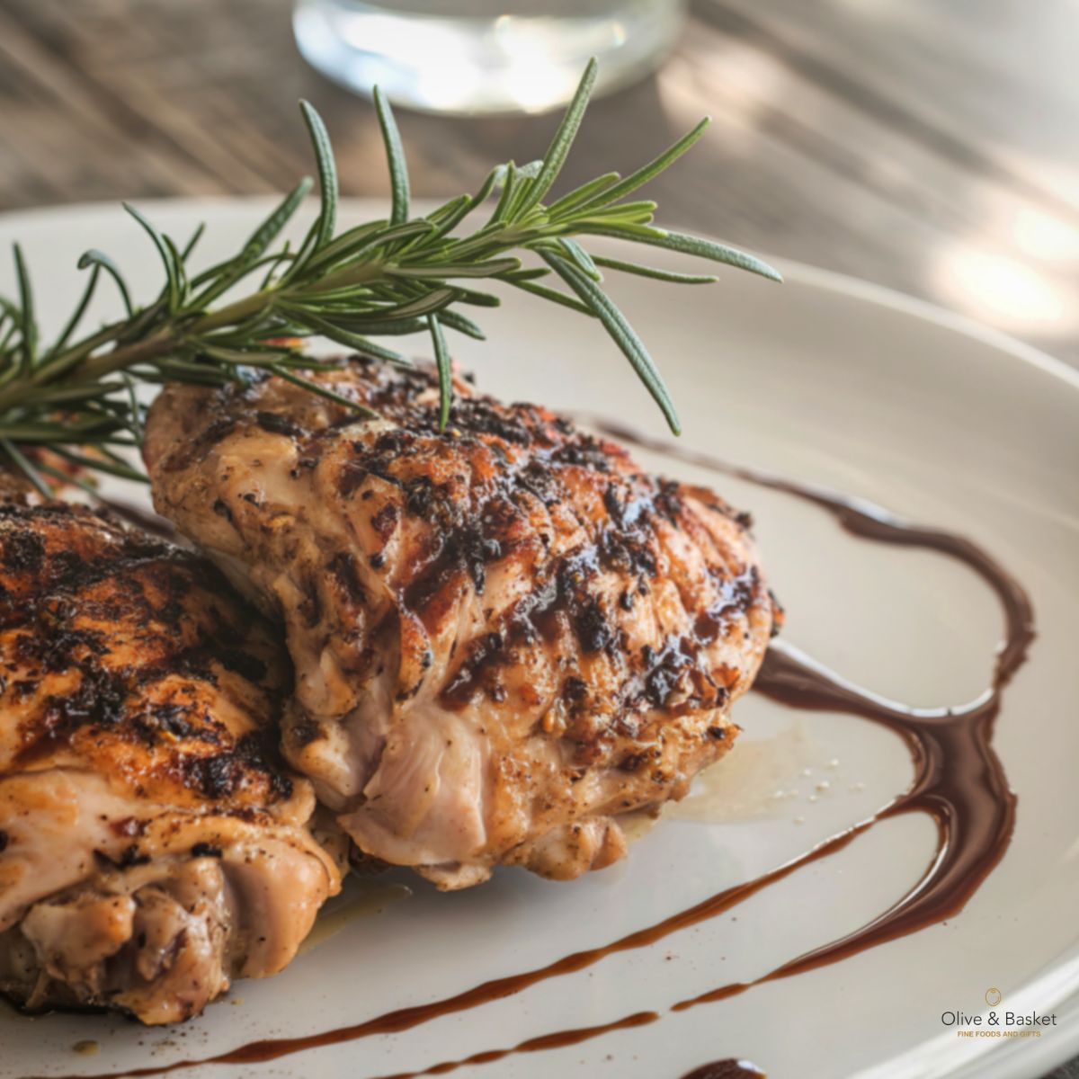 Grilled chicken with rosemary on a white plate