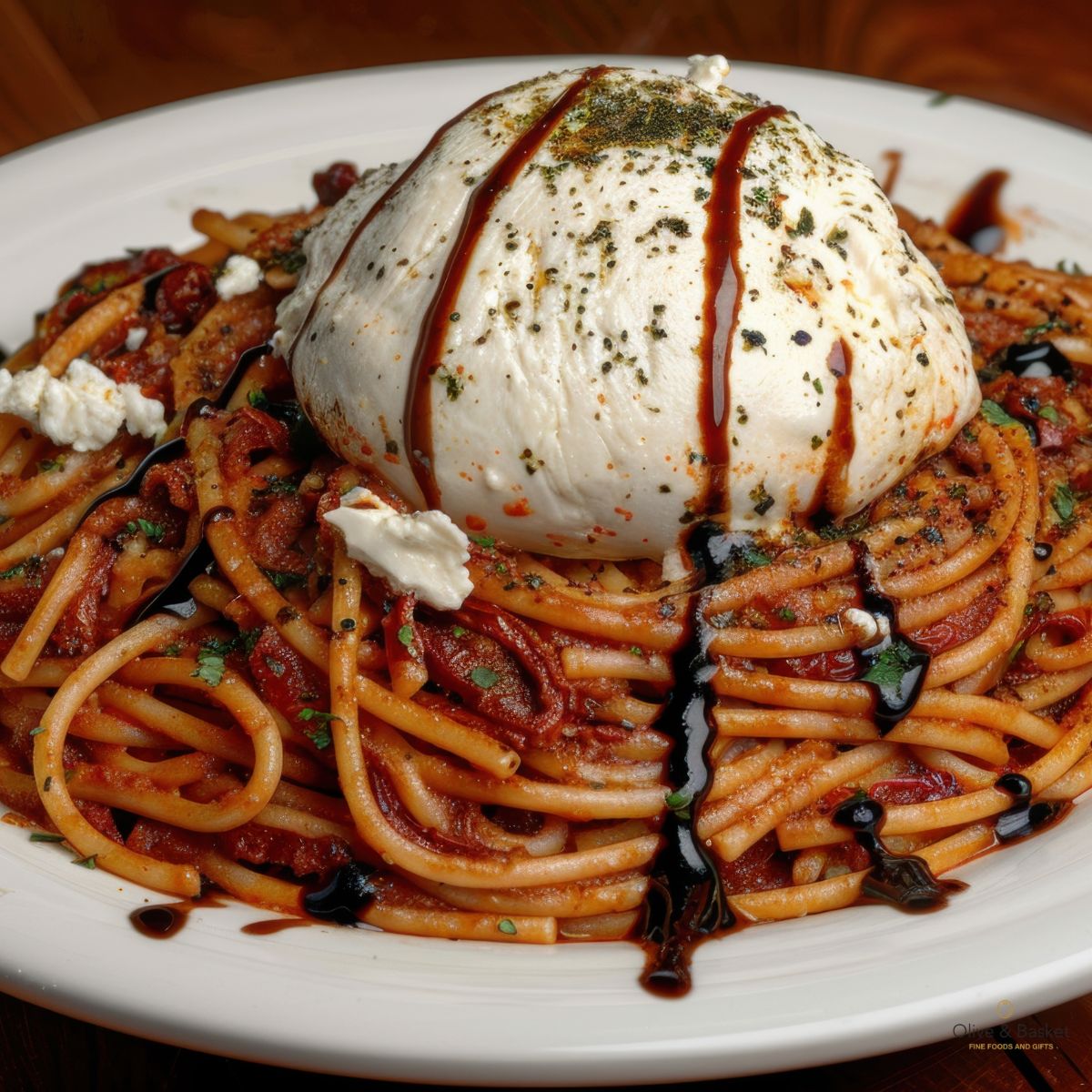 Spaghetti dish with a large ball of mozzarella cheese, drizzled with olive oil and herbs on a white plate.