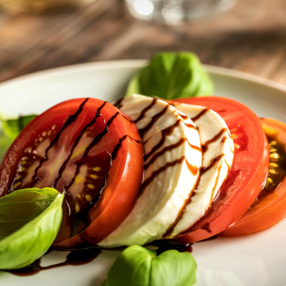Caprese salad with tomatoes, mozzarella, and basil on a white plate.