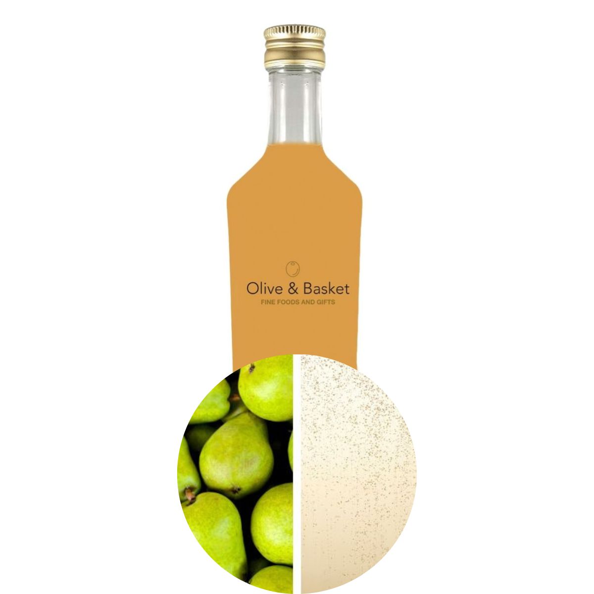 Bottle with a label featuring pears and a melon, branded 'Olive & Basket'.