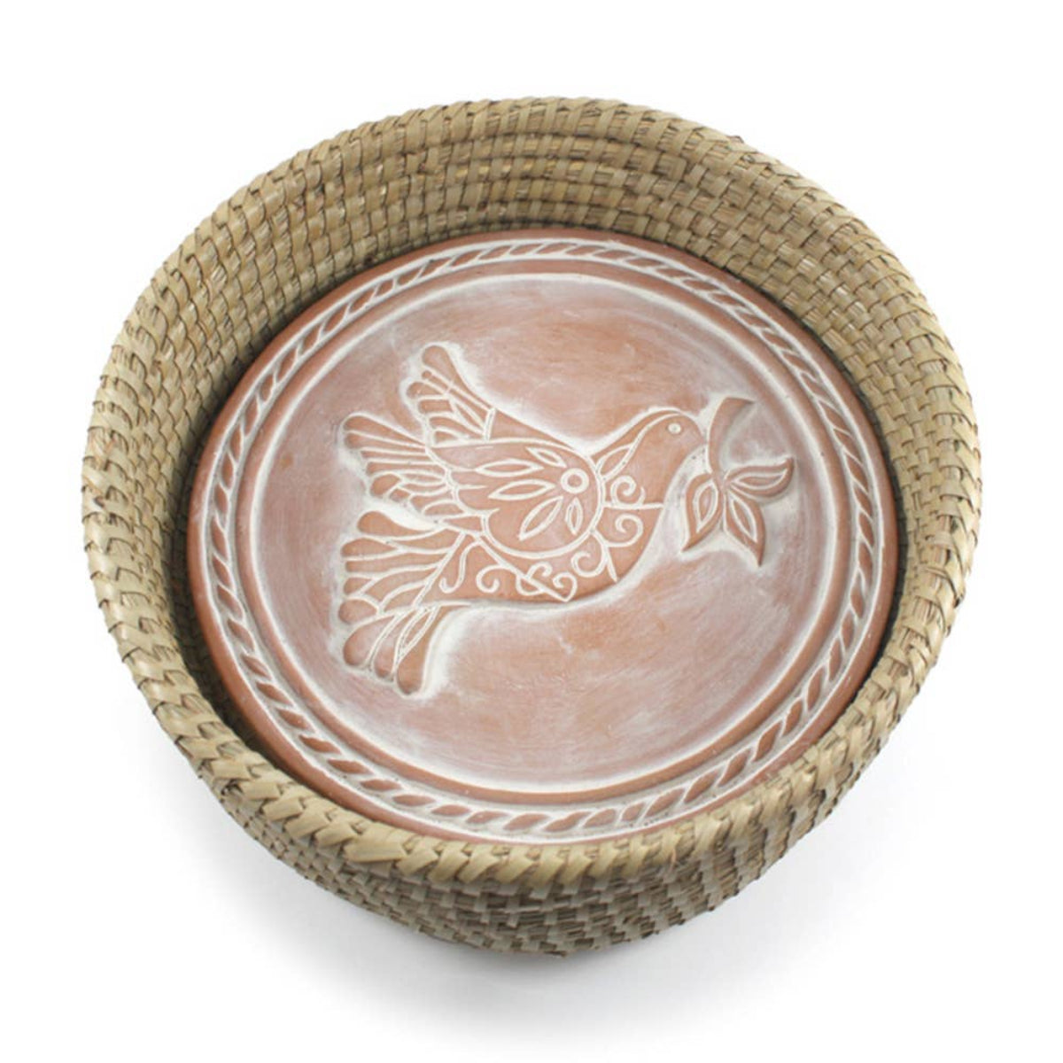 Ceramic plate with a dove design on a woven mat