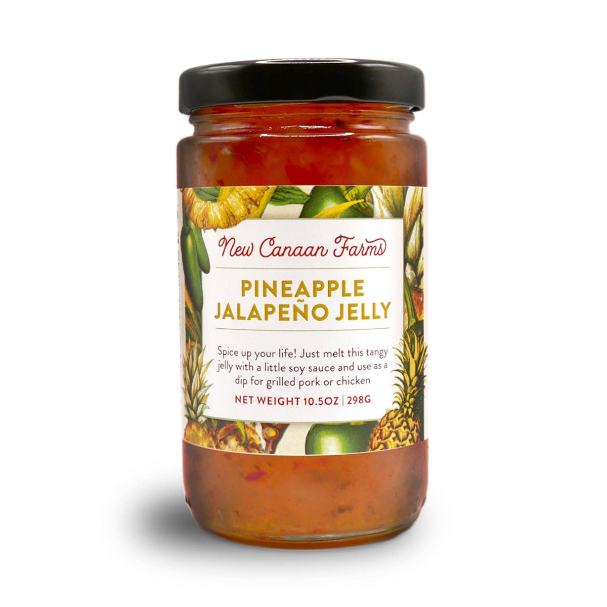 Jar of Pineapple Jalapeno Jelly with a colorful label on a white background