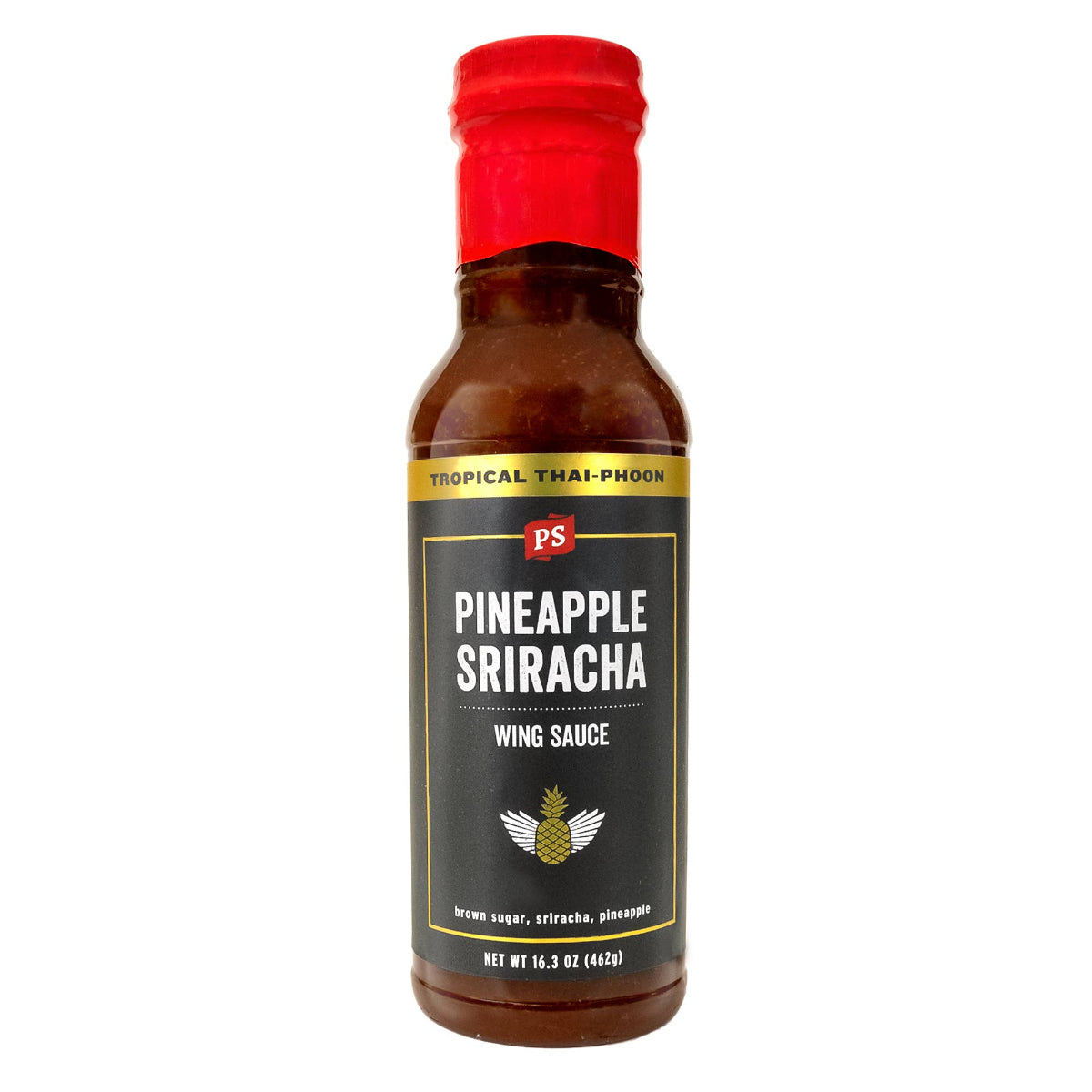 Bottle of Pineapple Sriracha wing sauce with a red cap on a white background