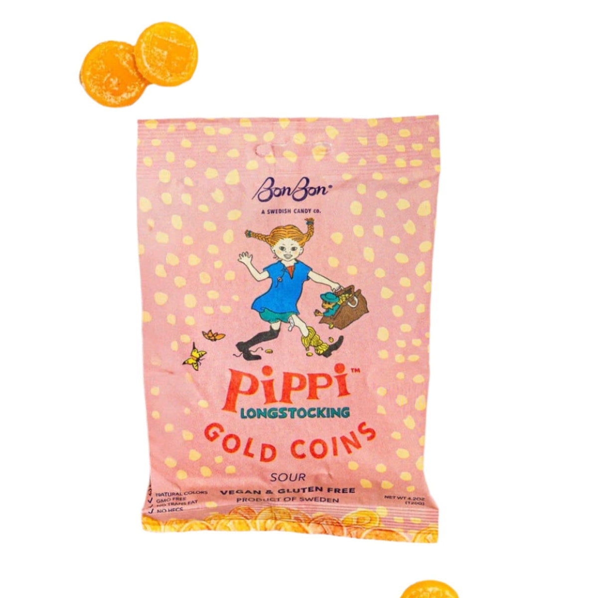 Pink package of Pippi Longstocking Gold Coins on a pink background with orange candy coins.