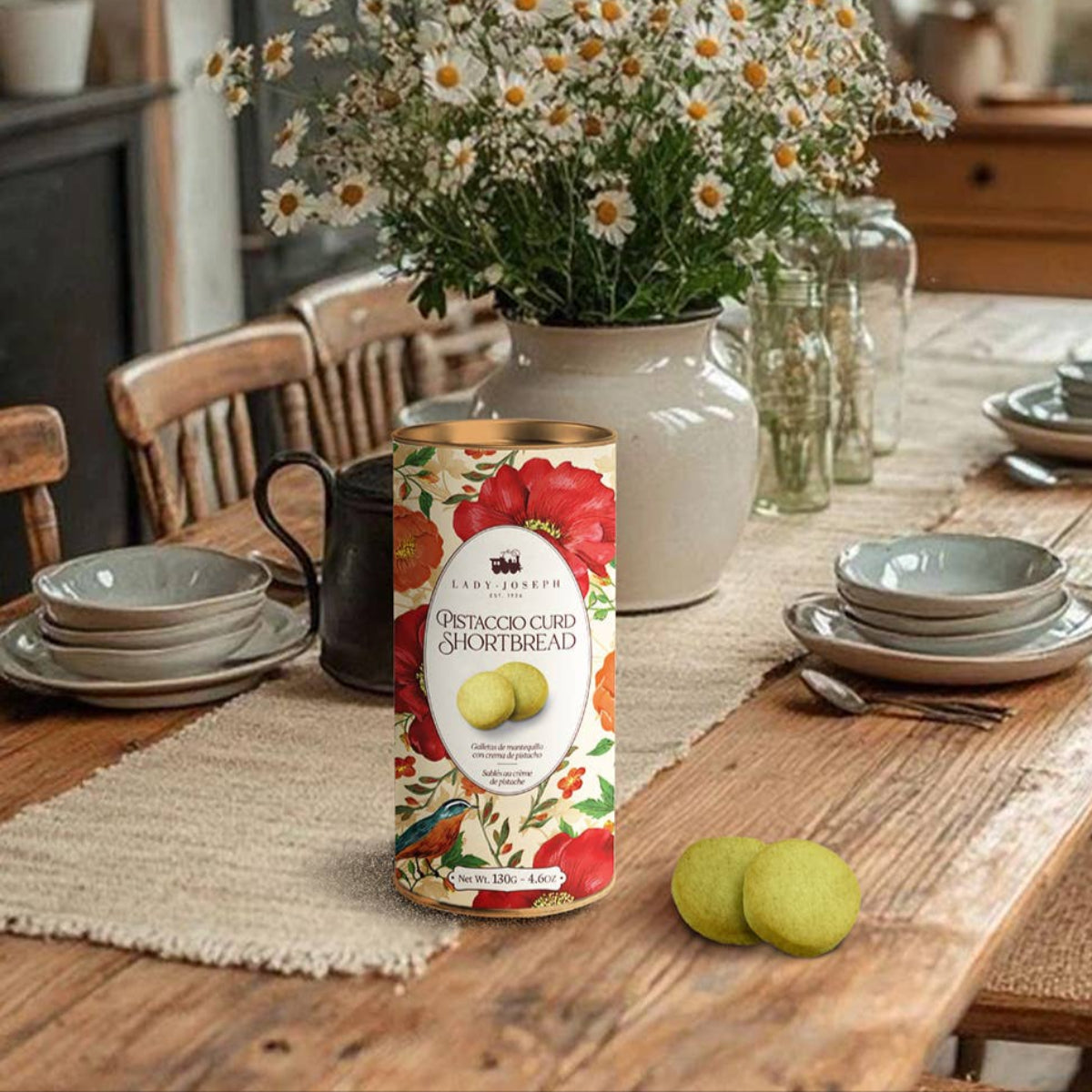 Lush bouquet of flowers in a vase on a wooden dining table with a can of St. Germaine Elderflower Liqueur.