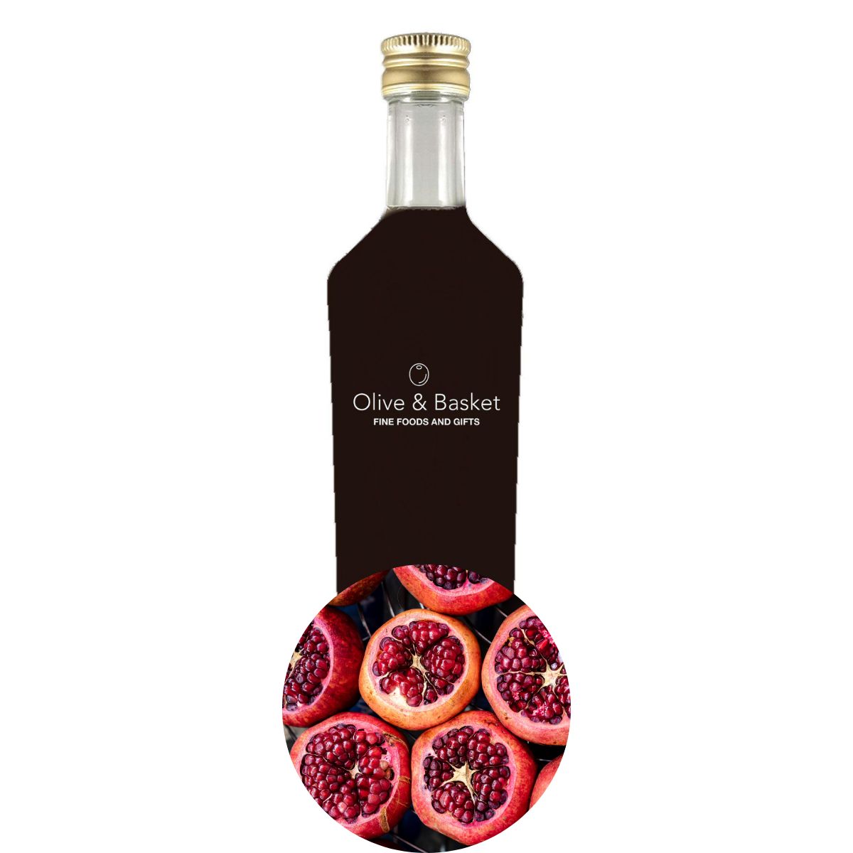 A clear glass bottle of Olive & Basket pomegranate-infused olive oil with a black label and gold cap, shown on a white background with a circular graphic of sliced pomegranates at the bottom.