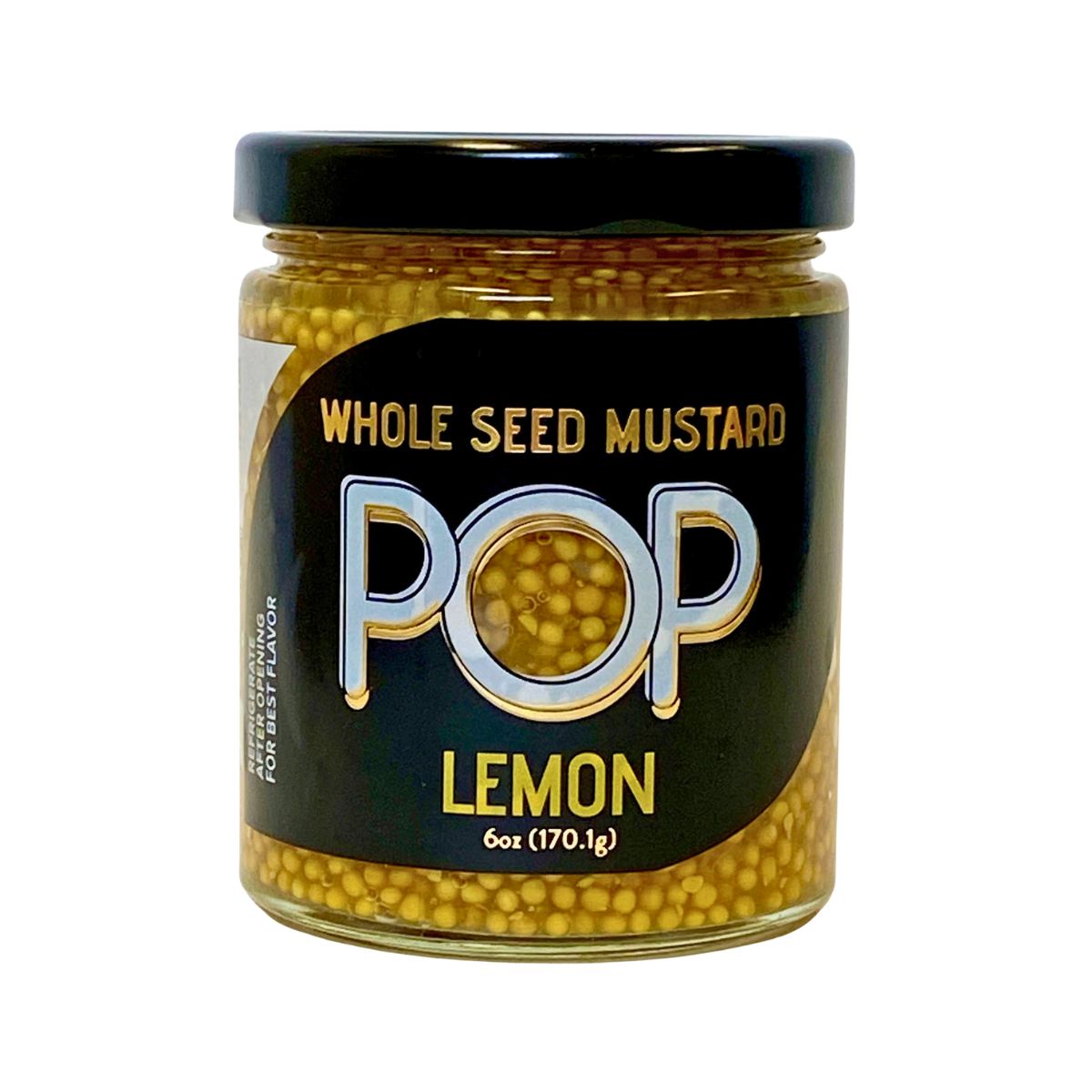 Jar of whole seed mustard with &#39;Pop&#39; branding on a white background