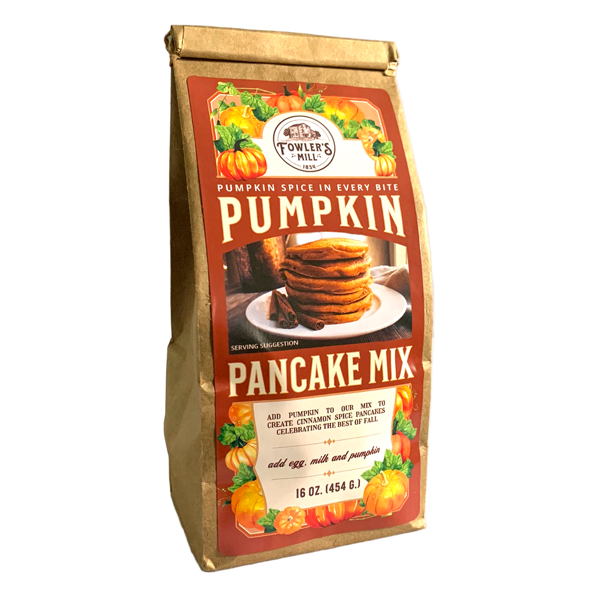 Bag of pumpkin spice pancake mix with pumpkins and a stack of pancakes on the label.