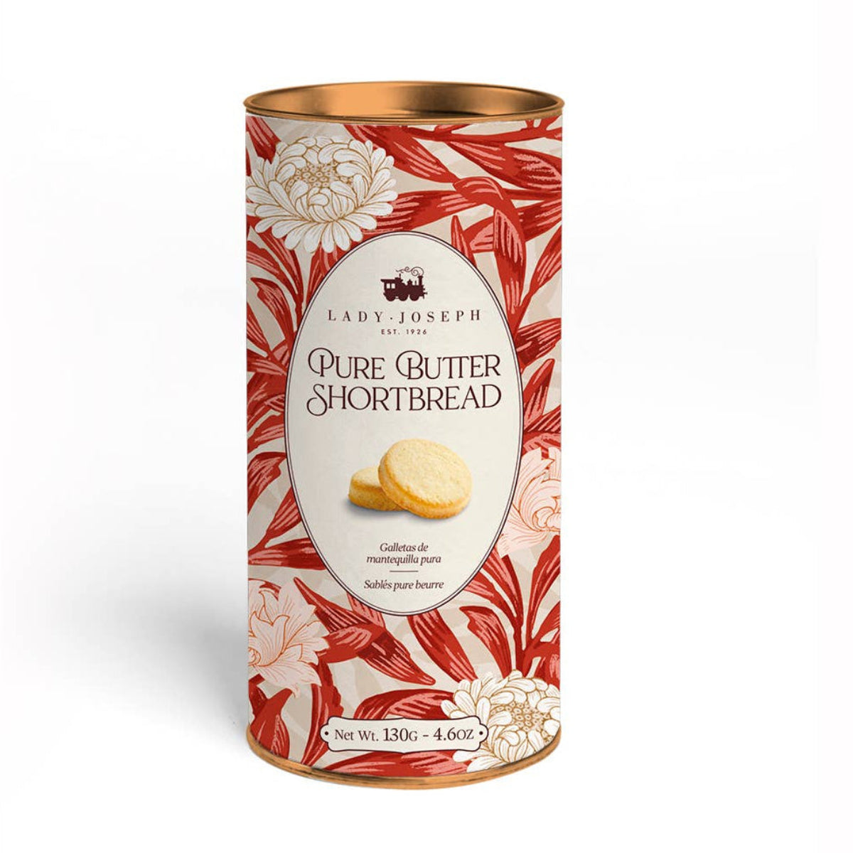 Canister of Lady Joseph Pure Butter Shortbread on a white background