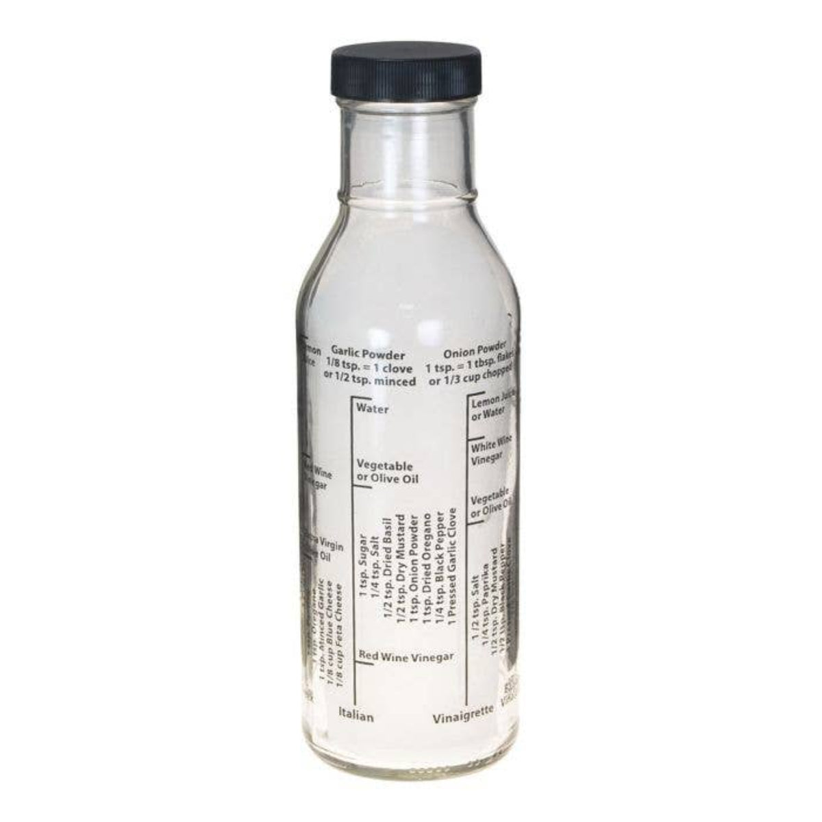 Clear glass bottle with black cap and printed label on a white background
