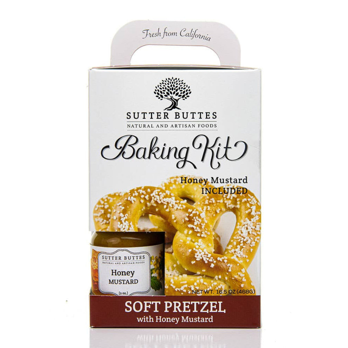 Sutter Buttes Baking Kit packaging with soft pretzel and honey mustard jar illustration on a white background