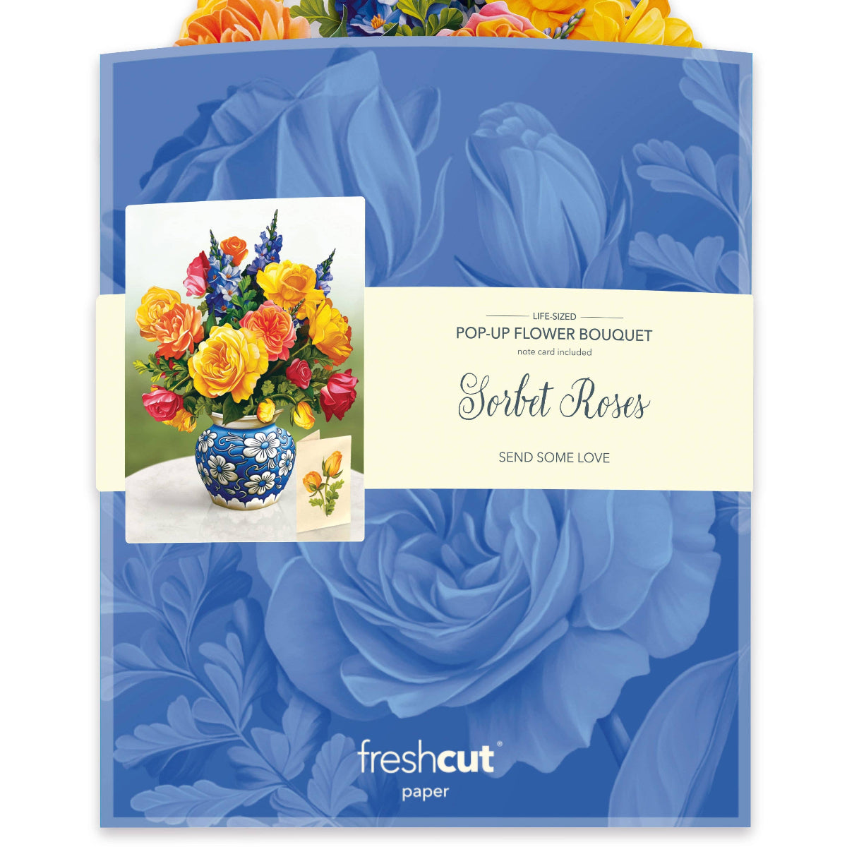 Blue floral-patterned box with a pop-up flower bouquet and 'fresh cut' branding.