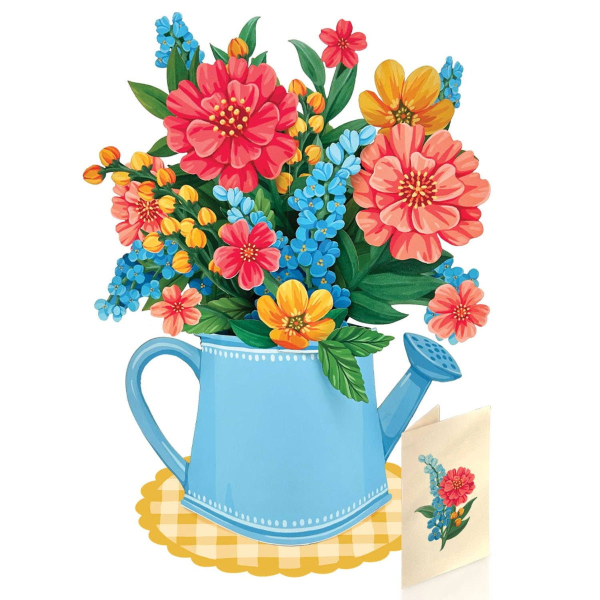 Colorful bouquet of flowers in a blue watering can on a white background