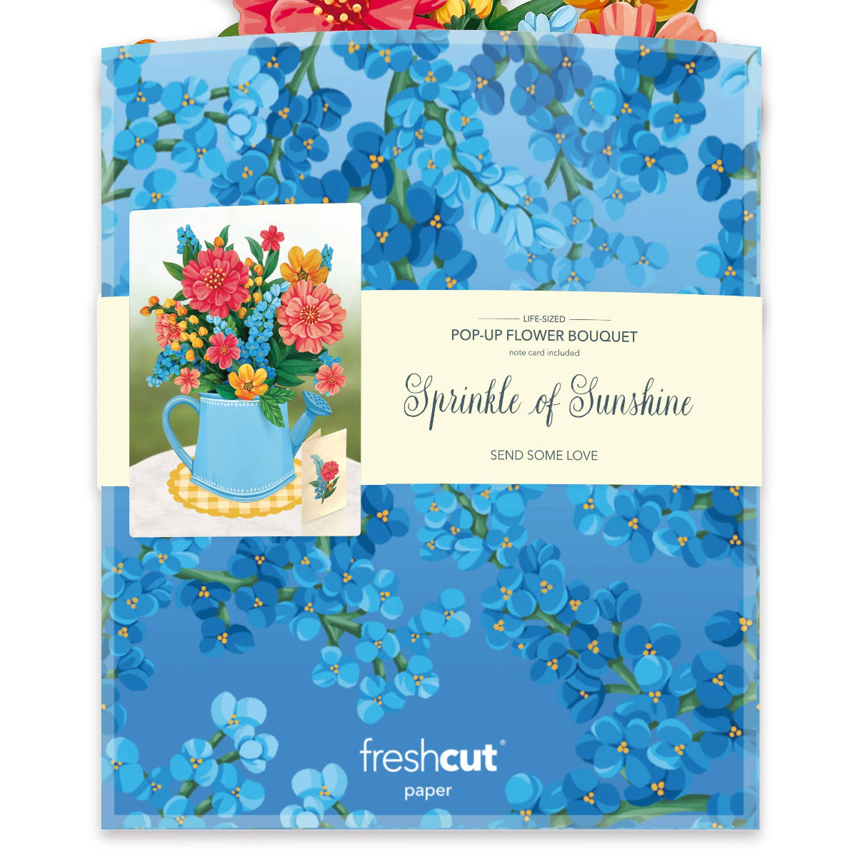 Floral-themed product packaging with colorful flowers on a blue background