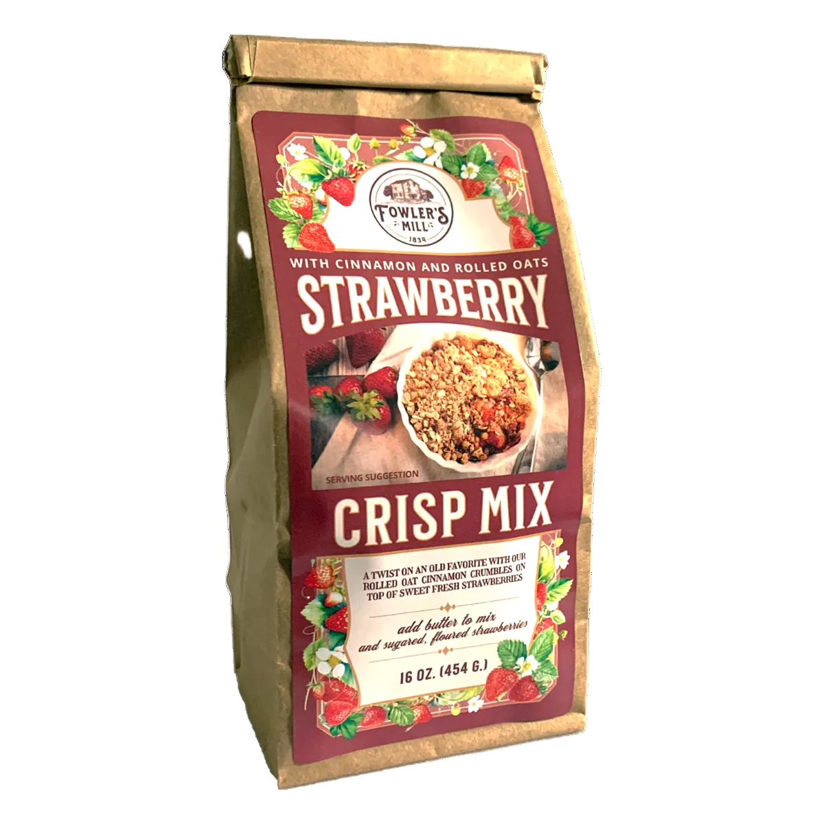 Bag of Strawberry Crisp Mix with a red label on a white background