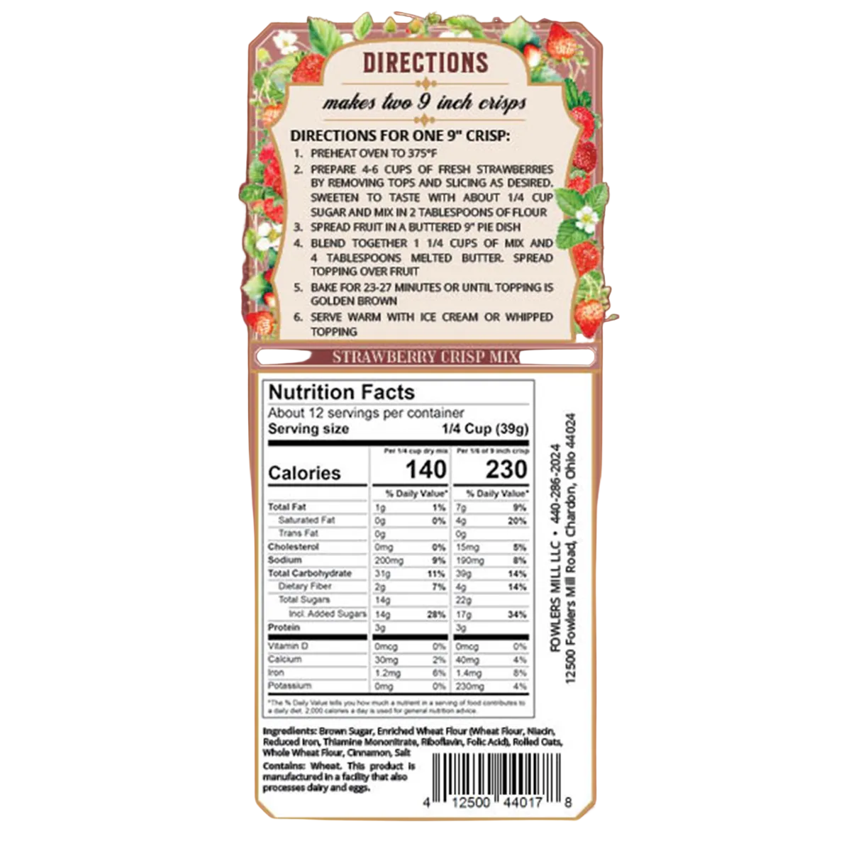 Strawberry crisp mix label with directions and nutrition facts on a white background