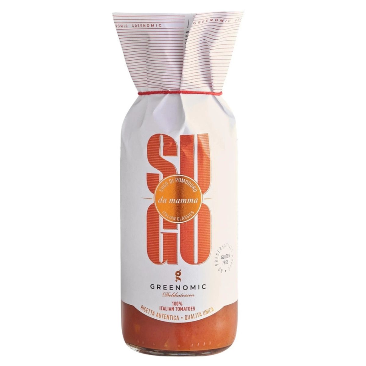 Bottle of Greenomic sauce with 'su go' branding on a white background