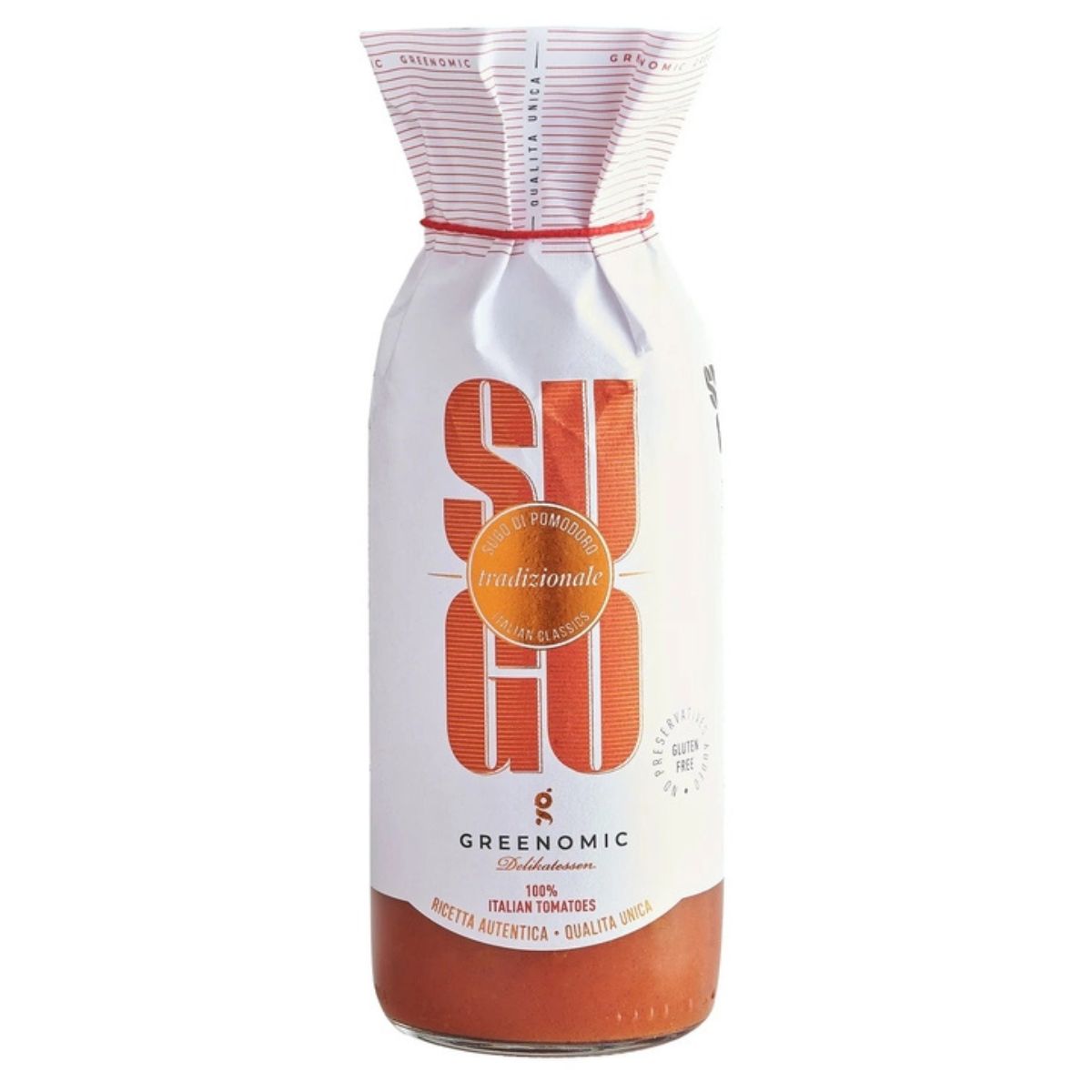 Bottle of Greenomic tomato sauce with a white label featuring red and orange text.