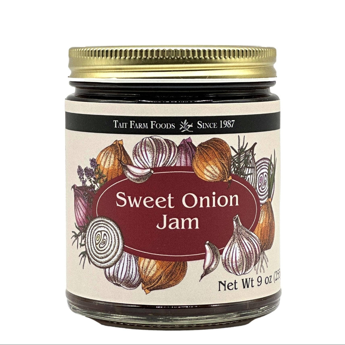 Jar of sweet onion jam with a decorative label on a white background