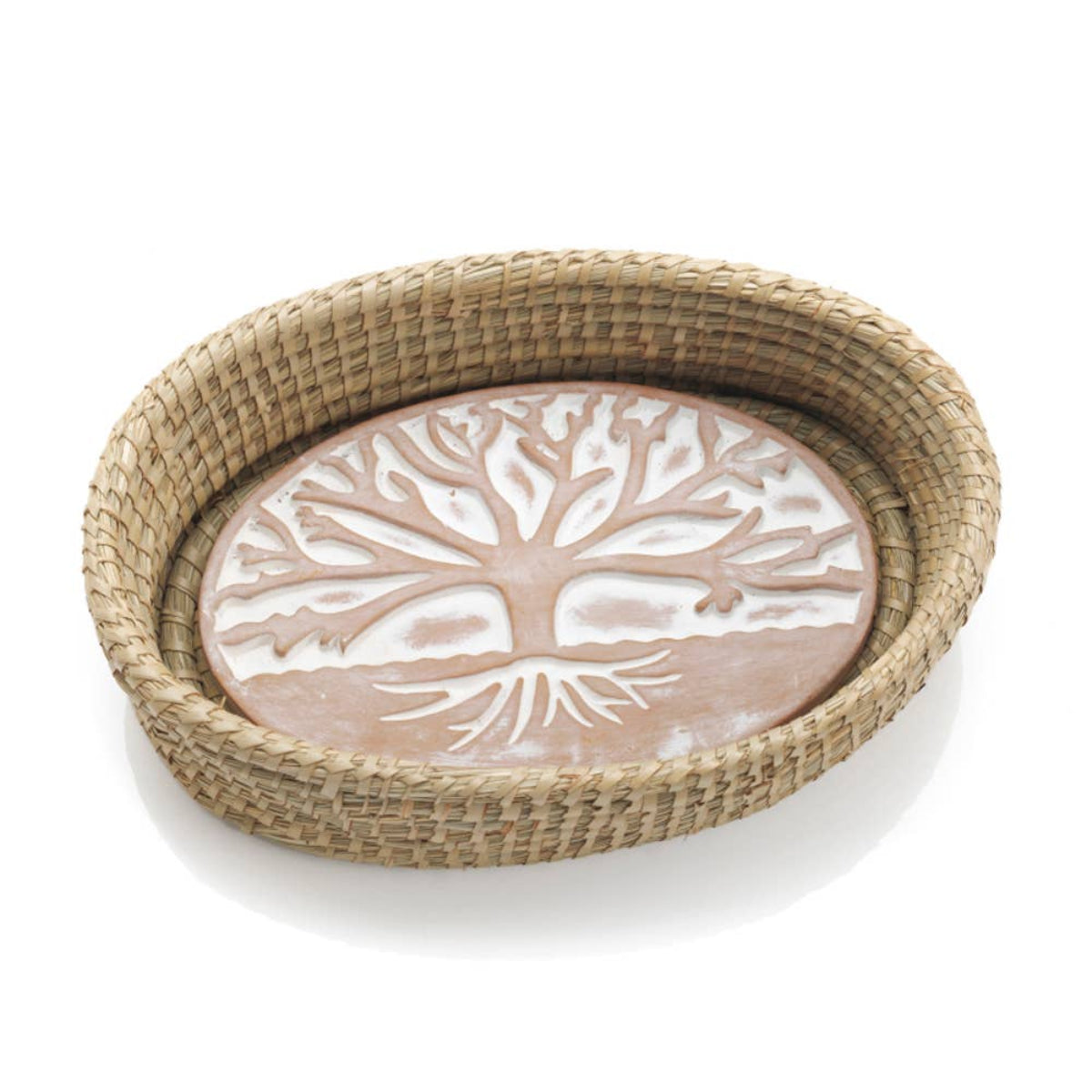 Decorative tray with woven rim and tree of life design on a white background