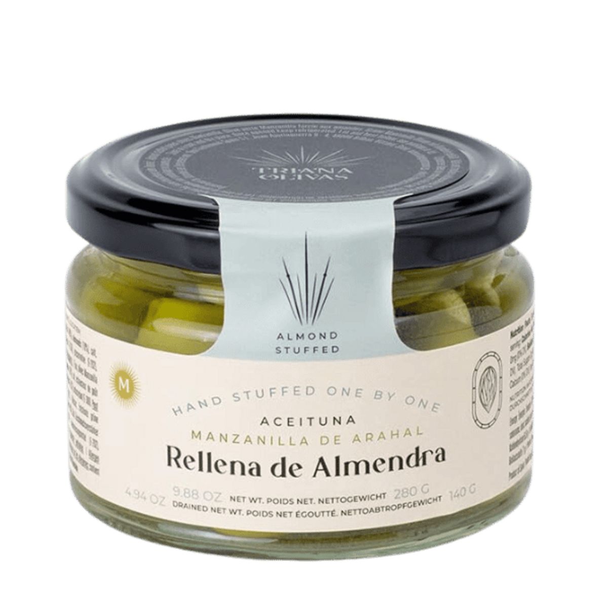 Jar of Almond Stuffed Olives with visible brand label on a white background
