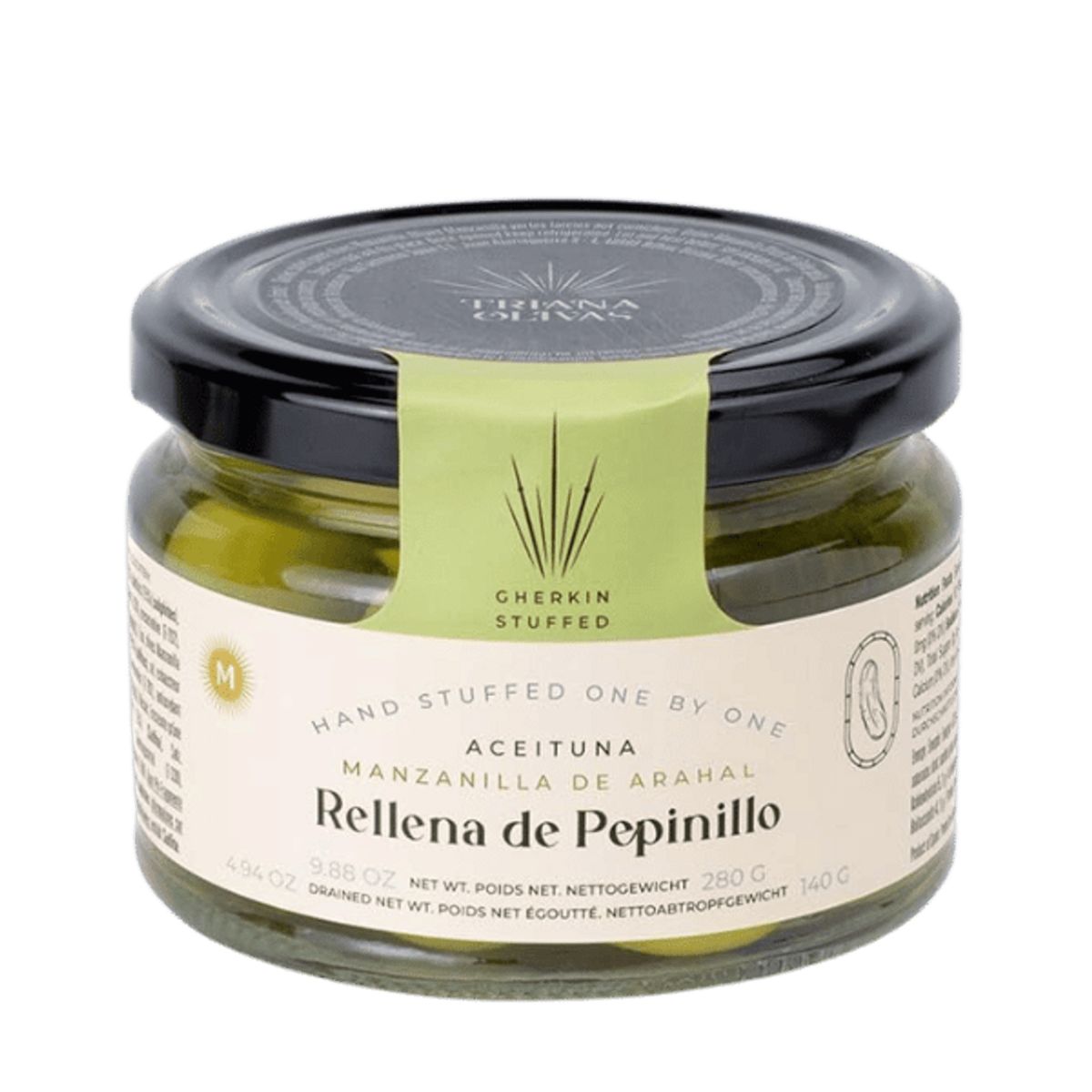 Jar of 'Rellena de Pepinillo' with a label on a white background