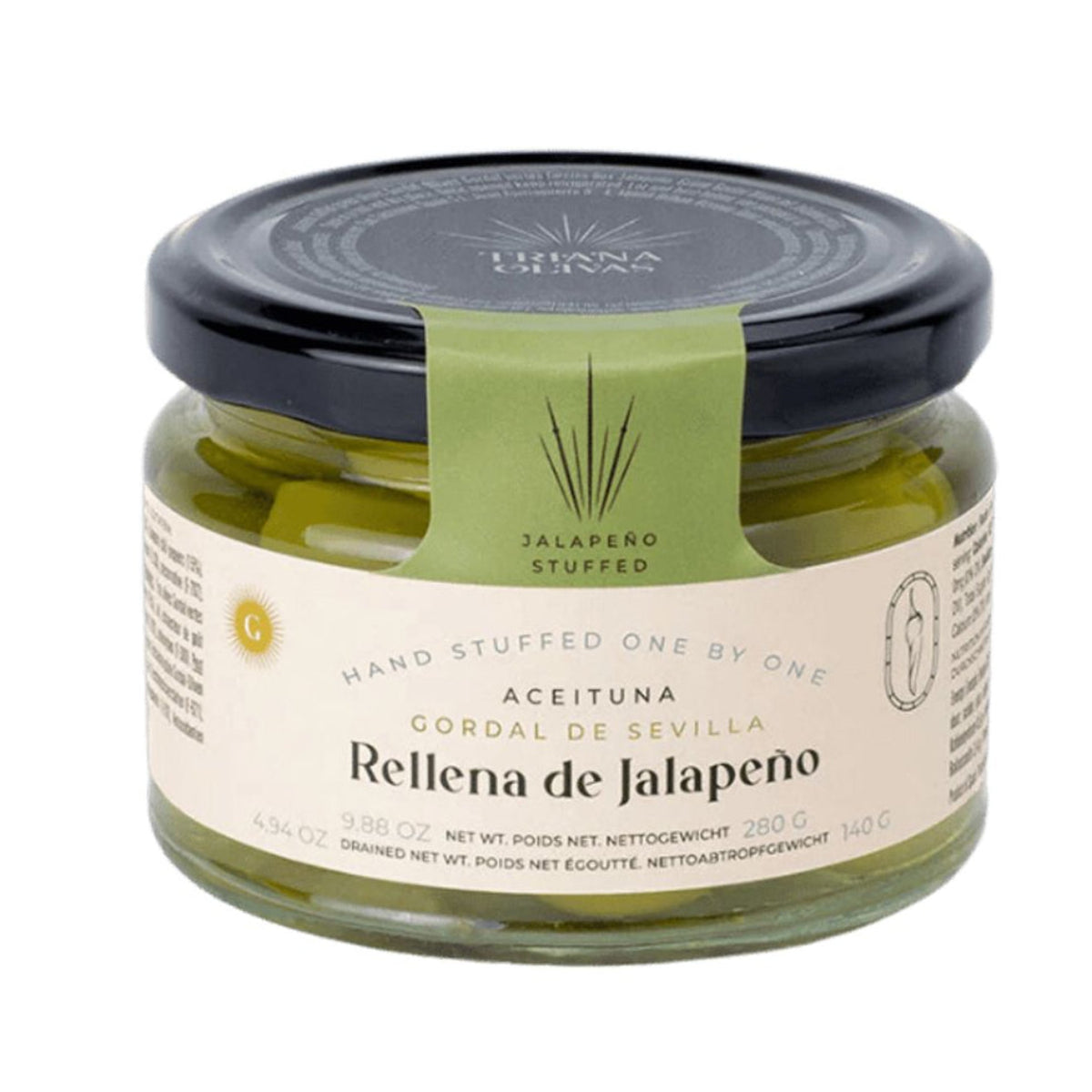 Jar of Rellena de Jalapeno with a visible brand label on a white background