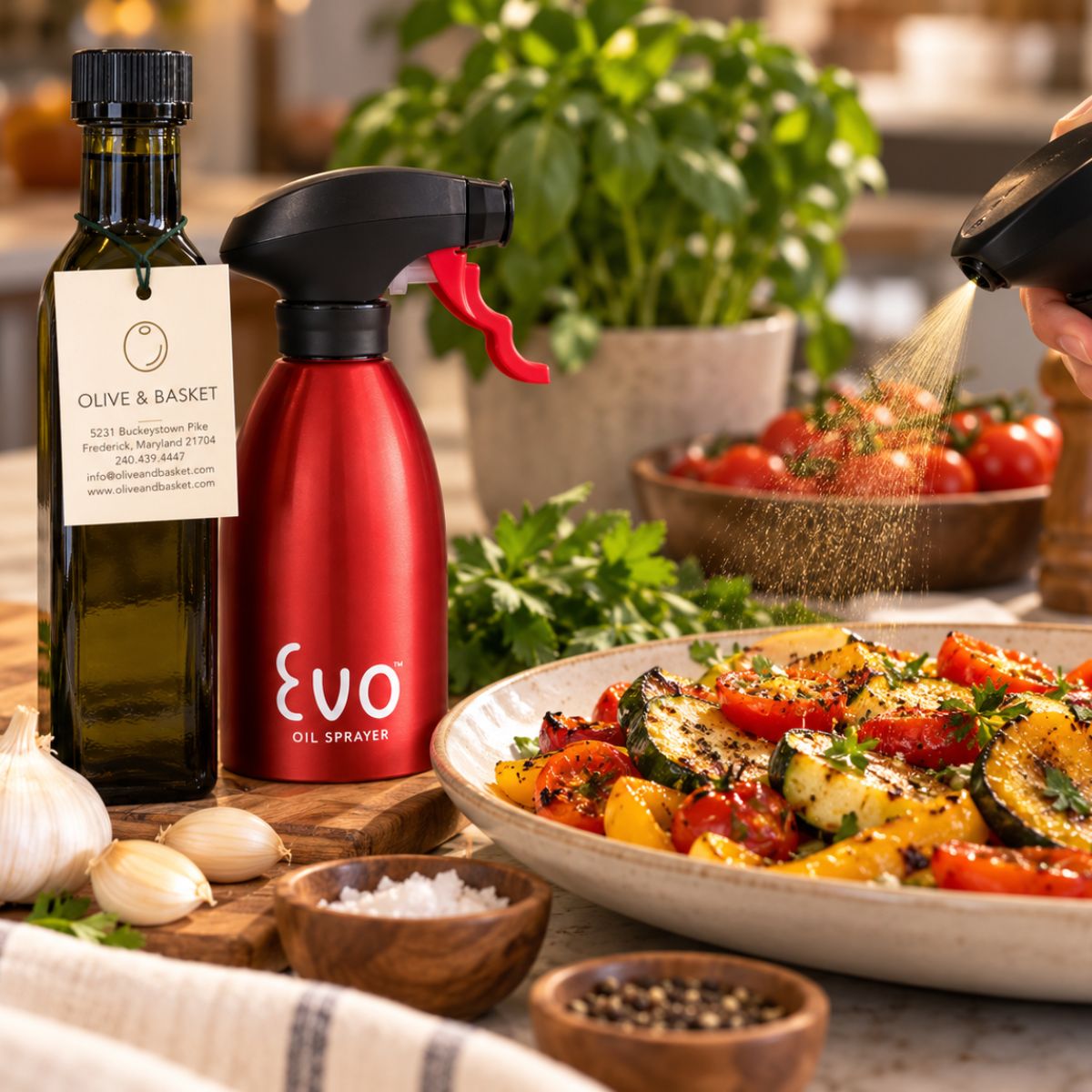 Garlic Olive Oil & Sprayer Gift Set | Olive & Basket