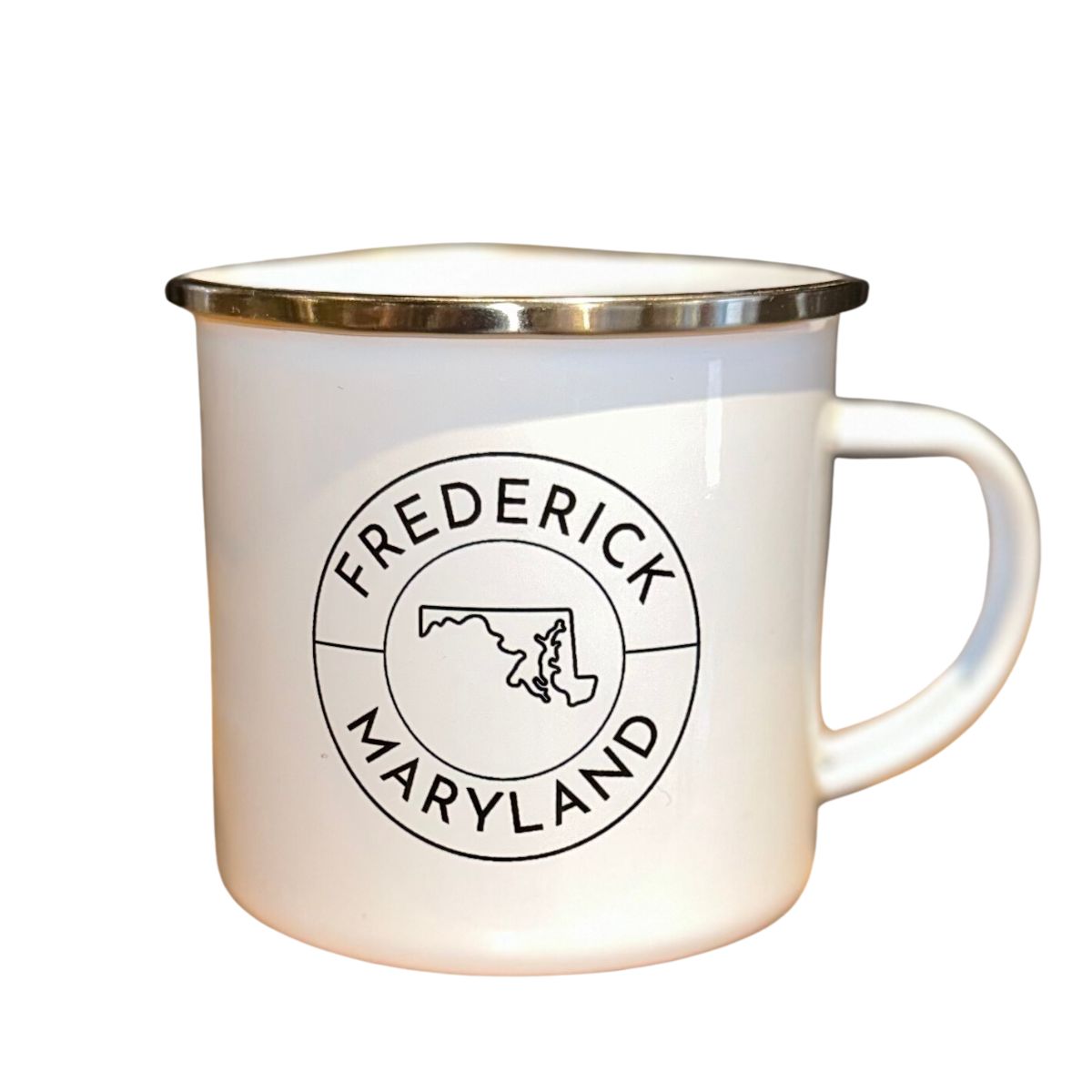 frederick maryland white enamel mug, perfect for camping, olive and basket