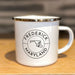 frederick maryland white enamel mug, perfect for camping, olive and basket