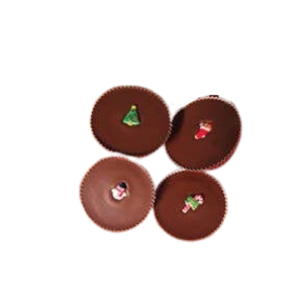  chocolate peanut butter cups with Christmas decorations on top.