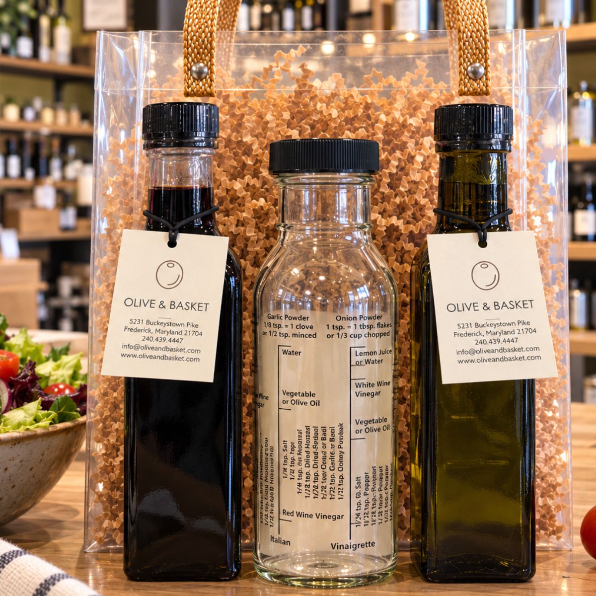 Salad Dressing Gift Set with 250 ml Garlic Olive Oil, Traditional Balsamic Vinegar, and glass salad dressing mixer at Olive & Basket.