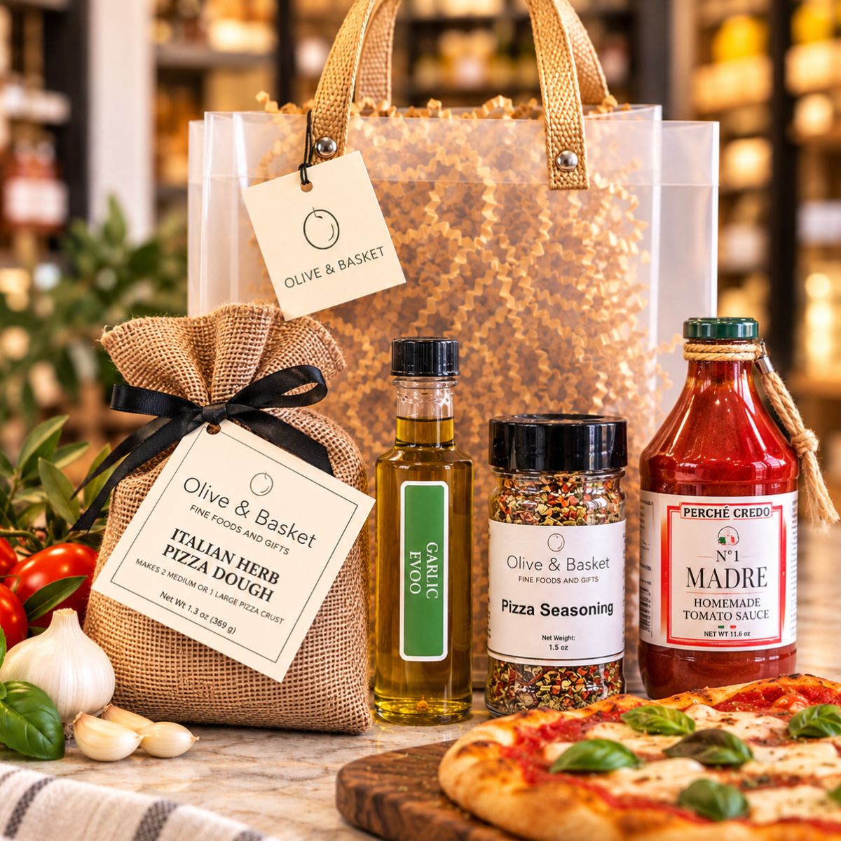 Make pizza night delicious with Italian Herb Pizza Dough Mix, Madre Tomato Sauce, Pizza Seasoning, and Garlic Olive Oil. Gift bag included.
