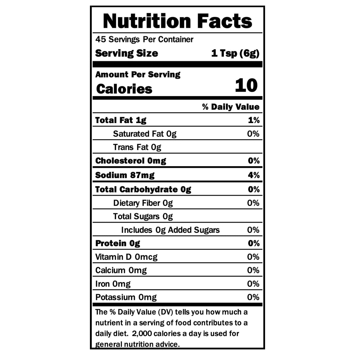 Nutrition facts label for a product with serving size of 1 tsp and 45 servings per container.