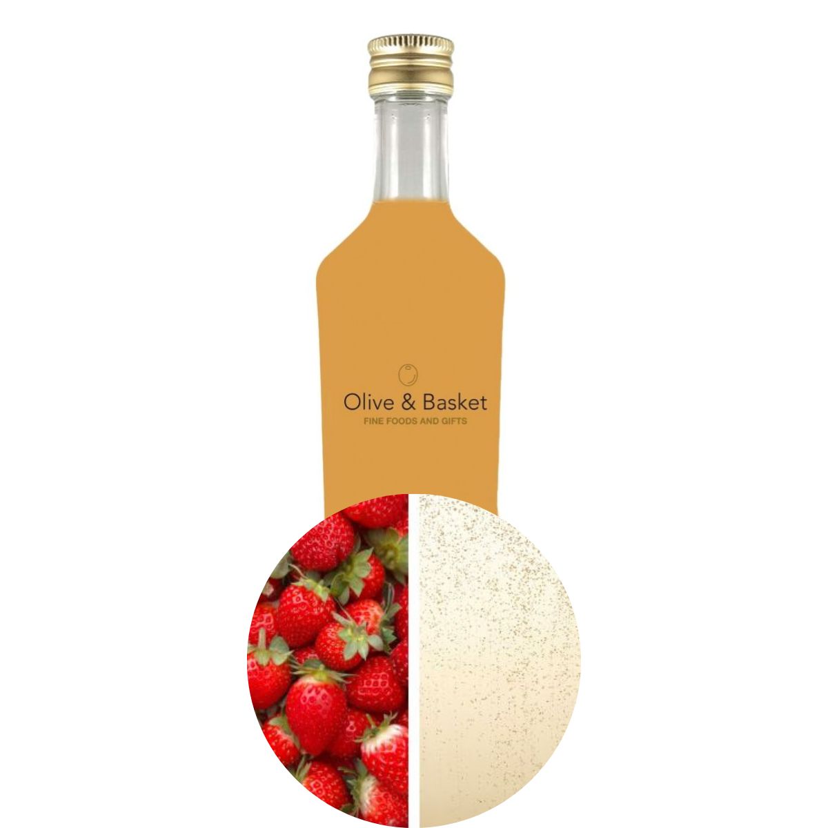 Bottle with a label for Olive & Basket, surrounded by images of strawberries and a melon.
