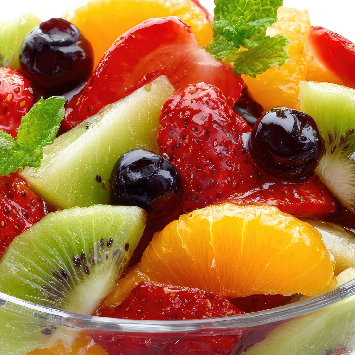 Fruit salad with strawberries, kiwis, oranges, and blueberries in a glass bowl.