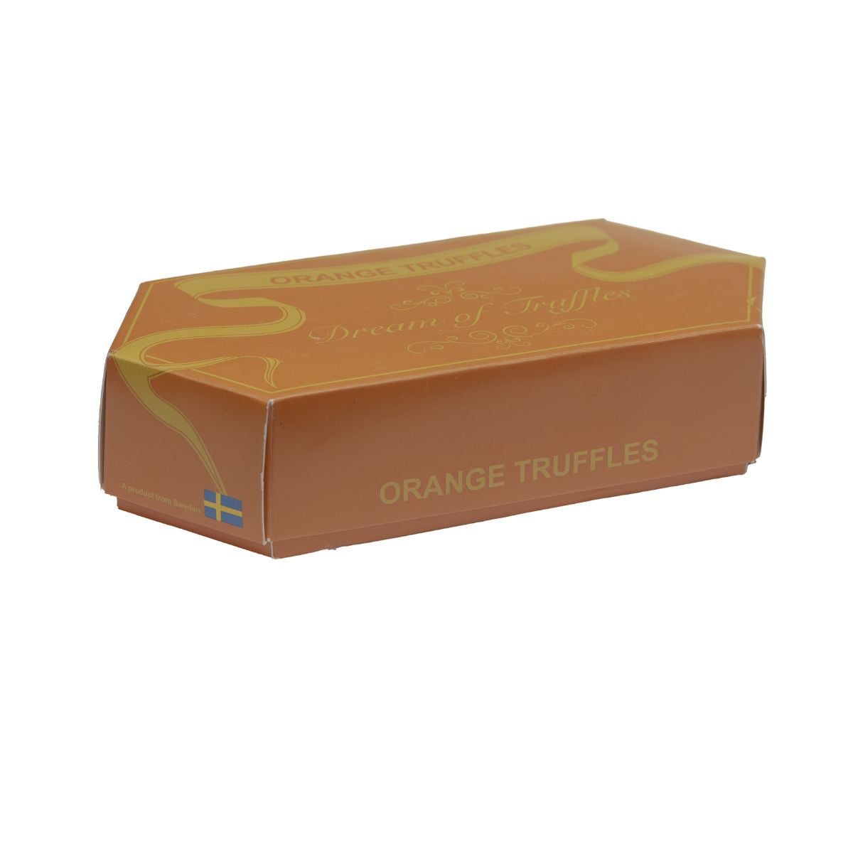 Box of orange truffles on a white background