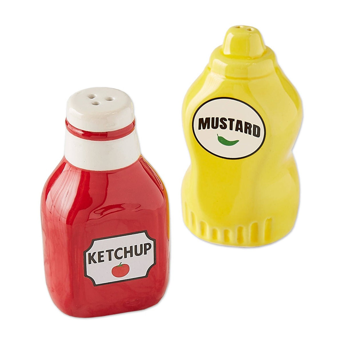 salt and pepper shaker in the shape of a mustard and ketchup bottle shape, olive and basket