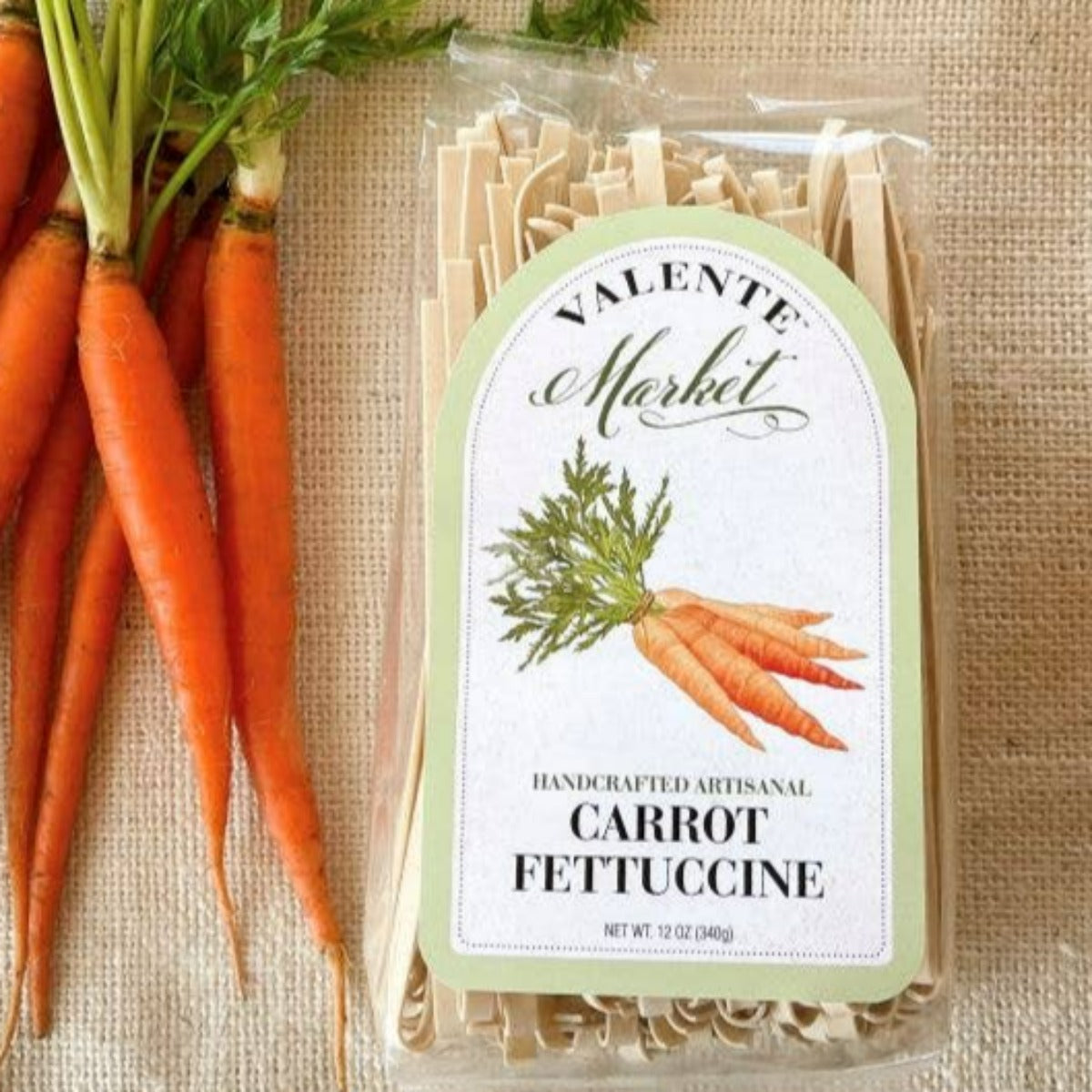 Carrot Fettuccine, valente pasta, olive and basket