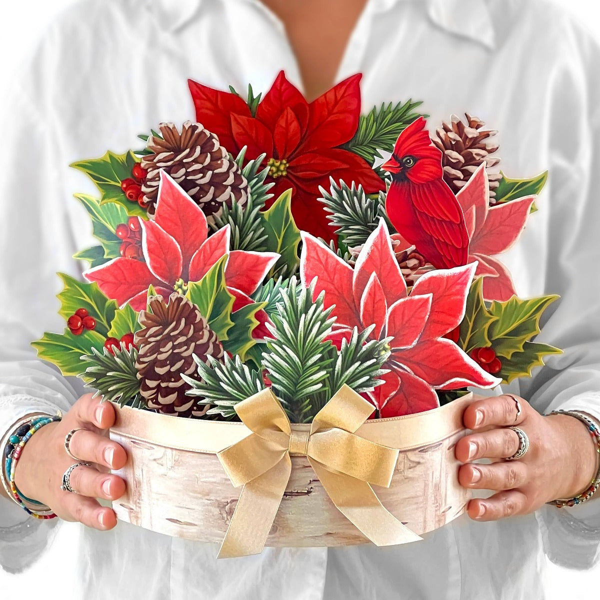 birch poinsetta pop up greeting card, olive and basket
