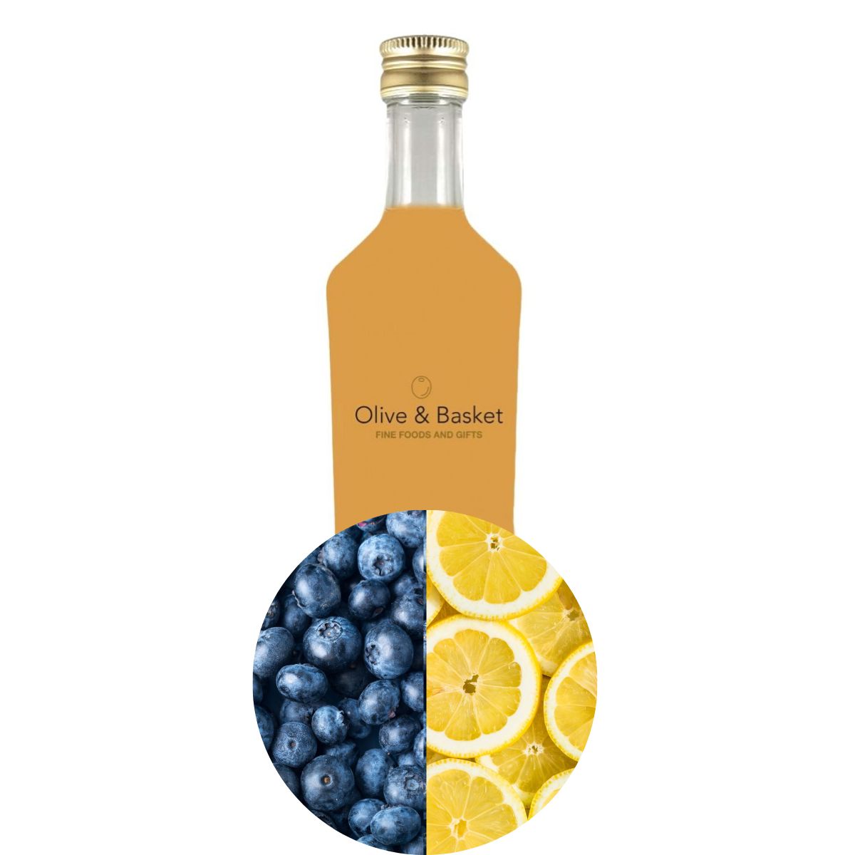 Bottle of Blueberry Lemon White Balsamic Vinegar with icon of blueberries and lemon slices.