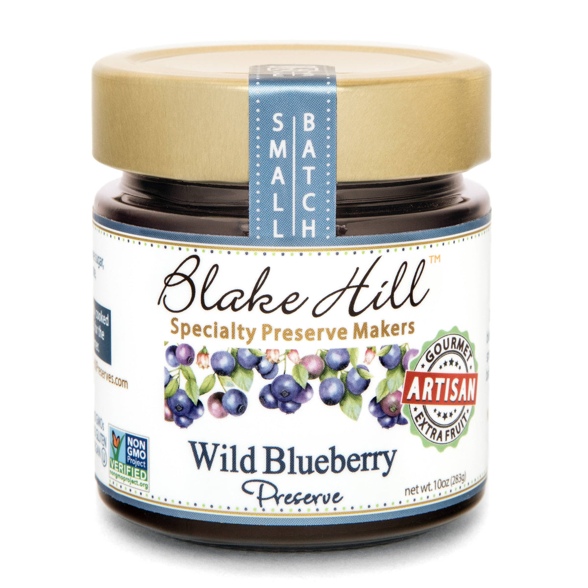 A jar of Blake Hill Wild Blueberry Preserve with Thyme label, indicating it is a specialty preserve made by hand in small batches.