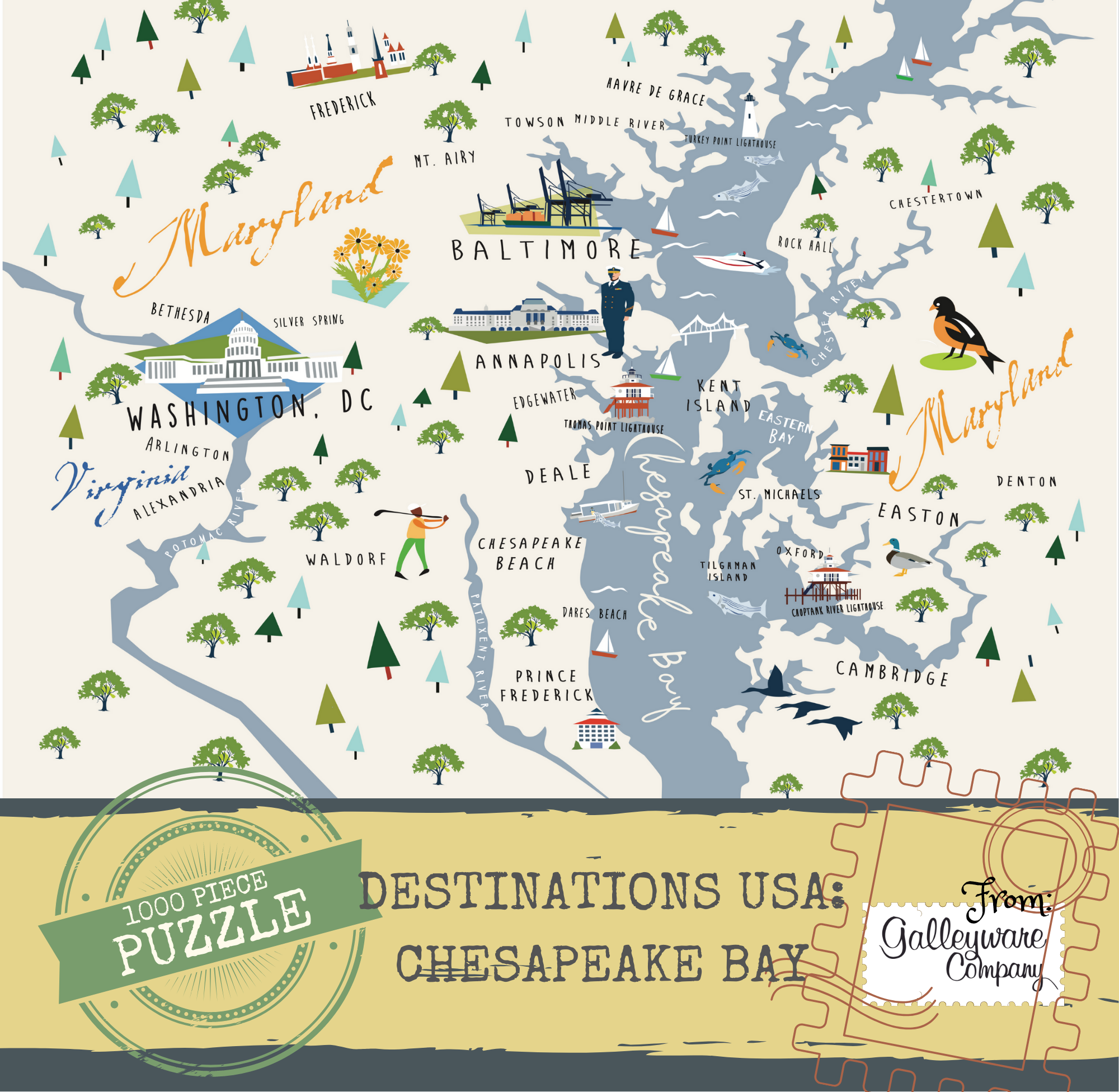 A completed jigsaw puzzle depicting a map of the Chesapeake Bay area with illustrations of landmarks and bodies of water.