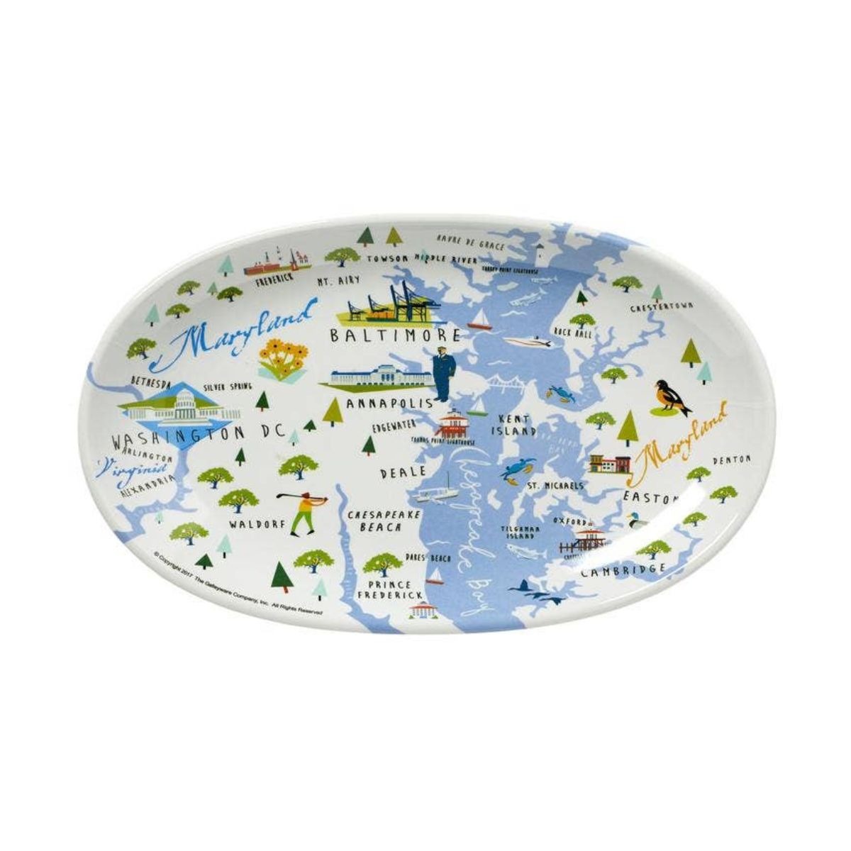An oval-shaped melamine tidbit tray with a whimsical illustration of the Chesapeake Bay area, including major cities and tourist attractions.