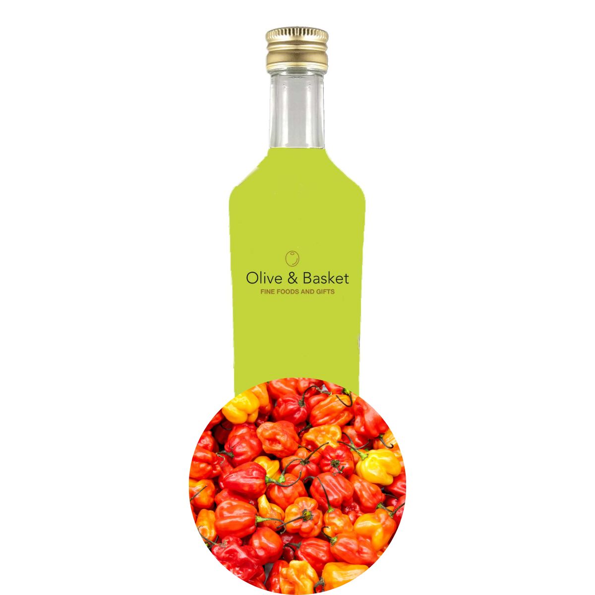 bottle of habanero Extra Virgin Olive Oil with an icon of habanero peppers.