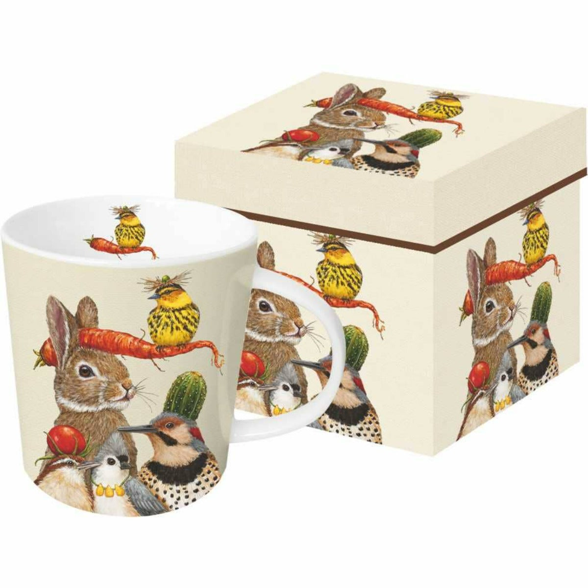 A beige ceramic coffee mug with a floral pattern, featuring rabbit designs, presented alongside its decorative gift box.