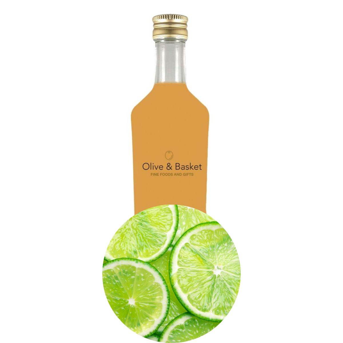 Bottle of key lime white balsamic vinegar with an icon of key lime slices.