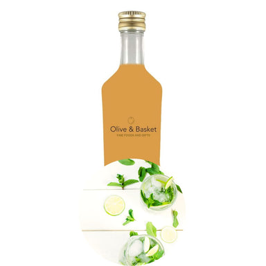 Bottle of Mojito White Balsamic Vinegar with an icon featuring an aerial view of two mojito drinks next to lime slices and mint sprigs. 